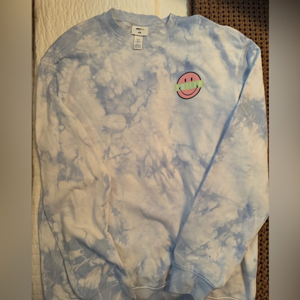 H&M Blue Tie-Dye Crewneck Sweater with Smiley Face
